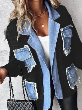 Warme Damen Strick Patchwork Denim Jacke für Winter-Outfits