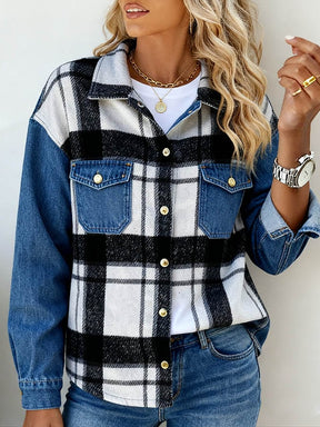 Warme Denim-Karo Winterjacke Damen – Casual Streetstyle