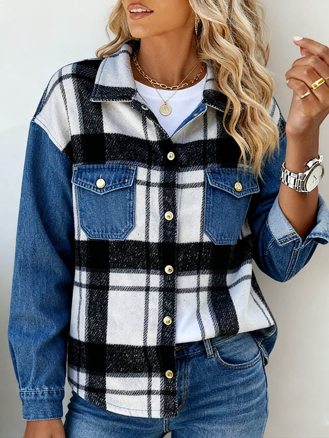 Warme Denim-Karo Winterjacke Damen – Casual Streetstyle