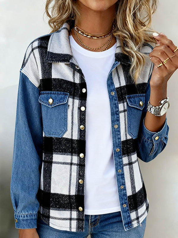 Warme Denim-Karo Winterjacke Damen – Casual Streetstyle