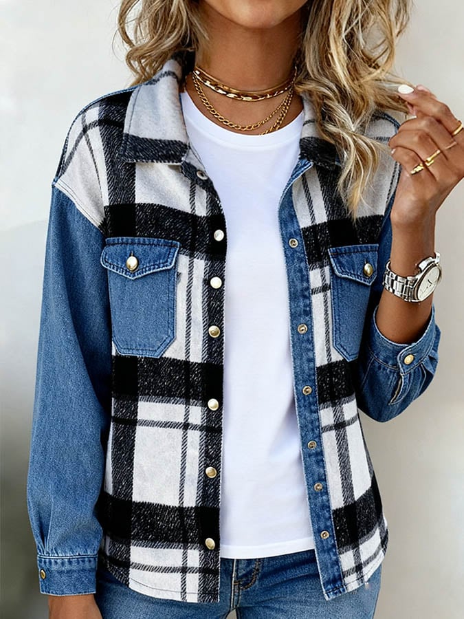 Warme Denim-Karo Winterjacke Damen – Casual Streetstyle