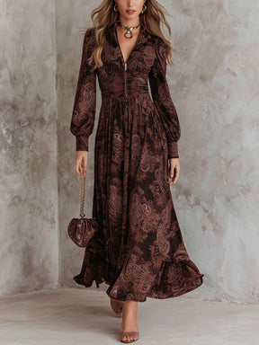 Retro Long Sleeve Brown Maxi Dress - Eleganz & Komfort für den Herbstslook