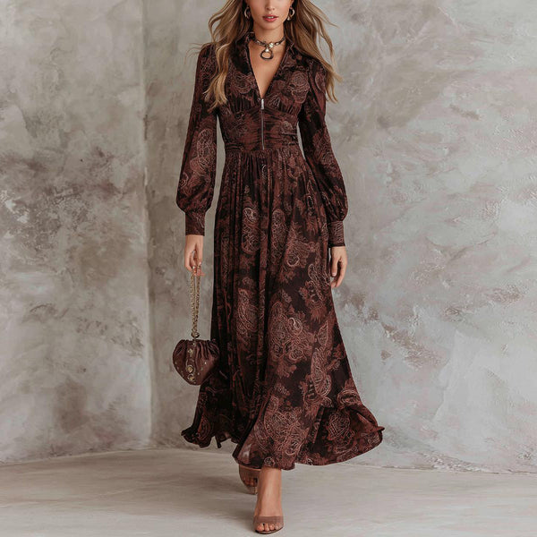 Retro Long Sleeve Brown Maxi Dress - Eleganz & Komfort für den Herbstslook