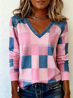 Winter V-Neck Sweatshirt rosa-blau kariert, kuschelig warm