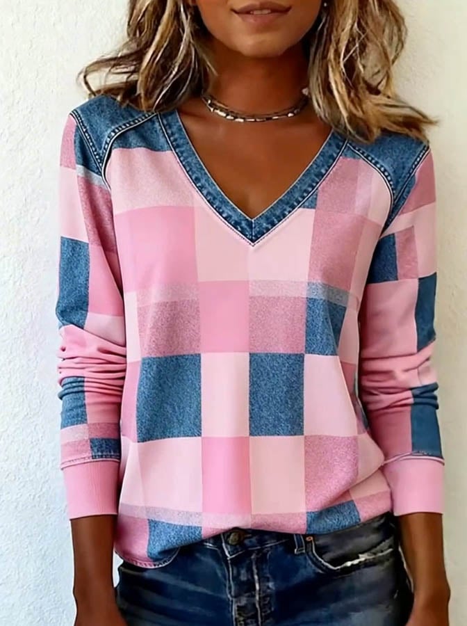 Winter V-Neck Sweatshirt rosa-blau kariert, kuschelig warm