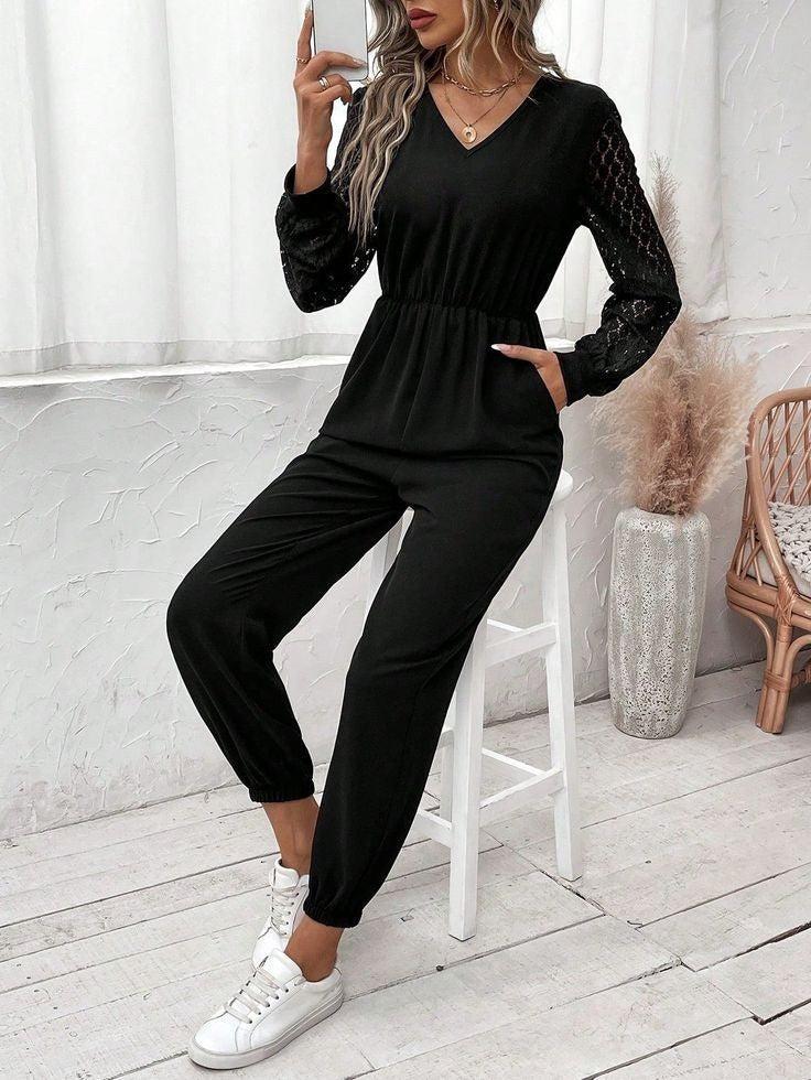 Black Long Sleeve Plain Jumpsuit - Eleganter Herbsts-Style & Vielseitiger Komfort