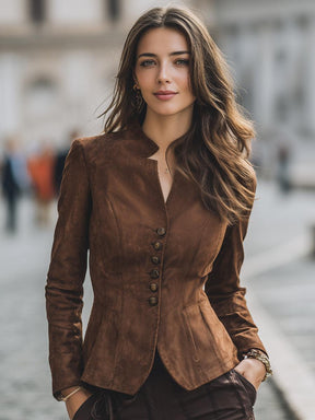 Winterlicher Luxus: Veloursleder-Jacke in Braun mit langen Ärmeln