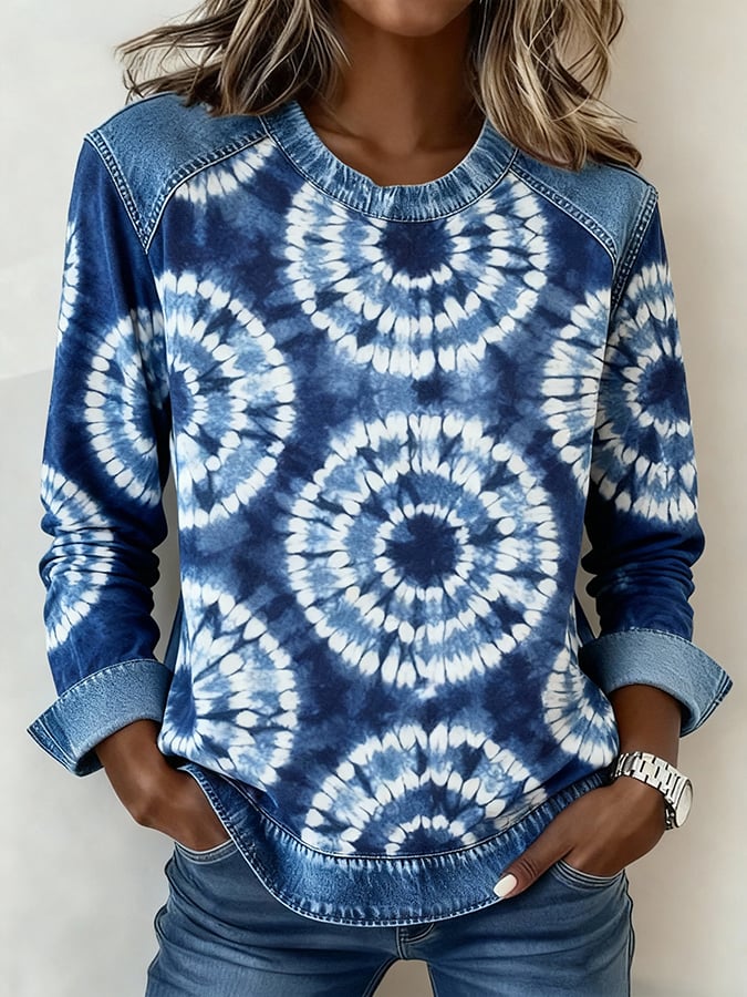 Kuscheliger Winter Pullover blau Tie Dye Denim Look Damen