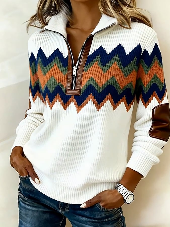 Winter Sweatshirt Damen warm Zickzack Colorblock Stehkragen