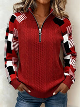 Winter Damen Colorblock Sweatshirt Rot mit Halbreißverschluss