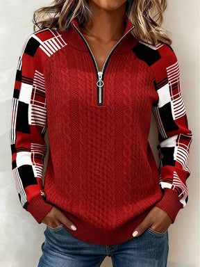 Winter Damen Colorblock Sweatshirt Rot mit Halbreißverschluss