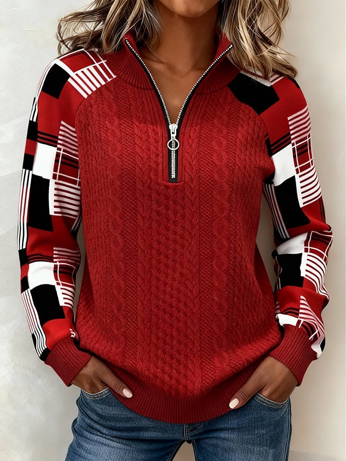 Winter Damen Colorblock Sweatshirt Rot mit Halbreißverschluss