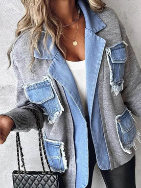 Warme Damen Strick Patchwork Denim Jacke für Winter-Outfits