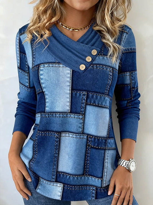 Winter Damen Longsleeve Denim Look warmes Patchwork Top