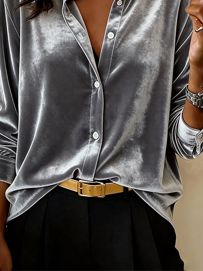 Winter Samt Bluse Damen Grau – Elegantes Warmes Velvet Hemd