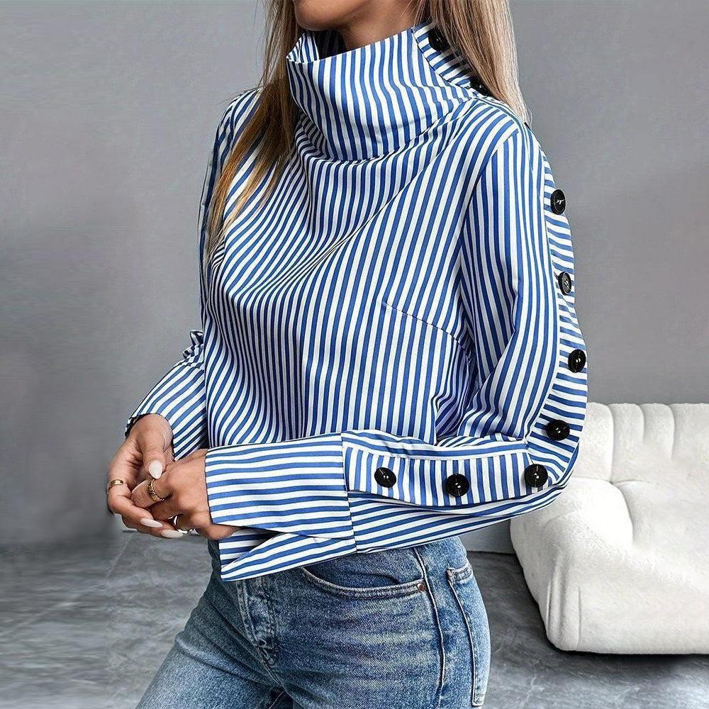 Winter High Neck Top blau gestreift – warm & elegant