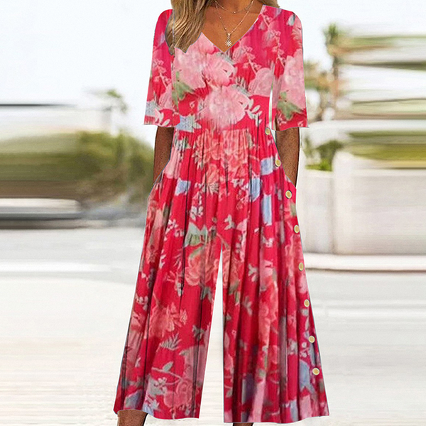 Eleganter Floral Print Jumpsuit mit Seitentaschen - Perfekt für den Herbst
