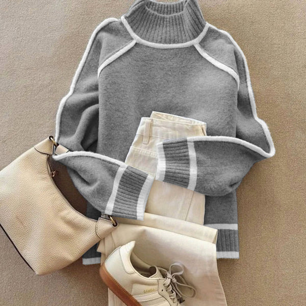 Stilvoller Grey Color Block Long Sleeve Sweater - Perfekt für den Herbstsbeginn