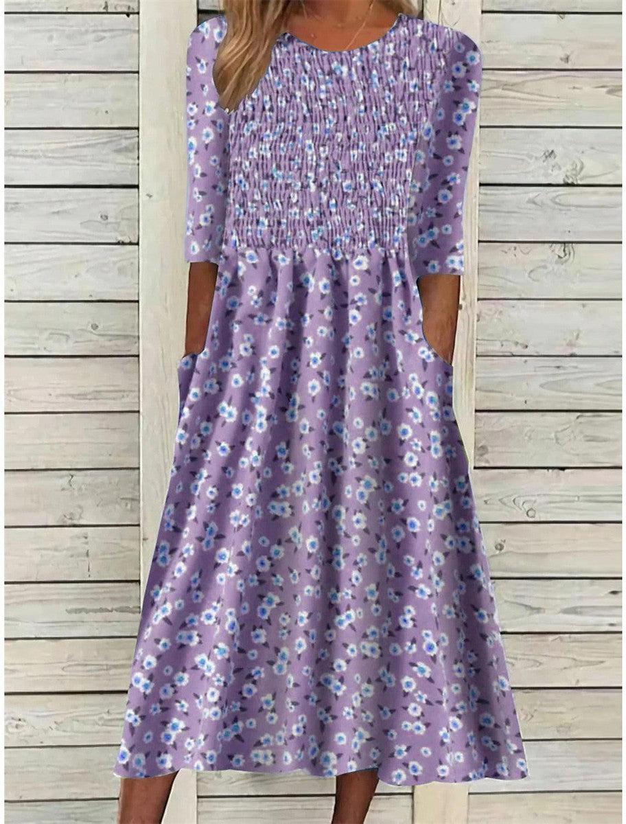 Purple Print Midi Kleid mit Taschen - Federleichter Herbststraum in Lila