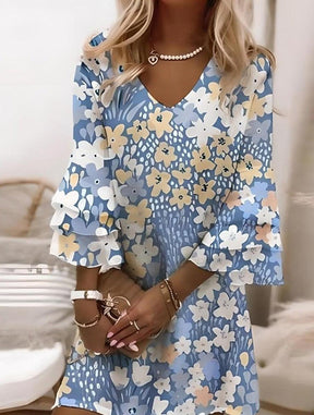Blue Floral Print V-Neck Mini Dress - Frühlingsfrische Eleganz & luxuriöser Tragekomfort