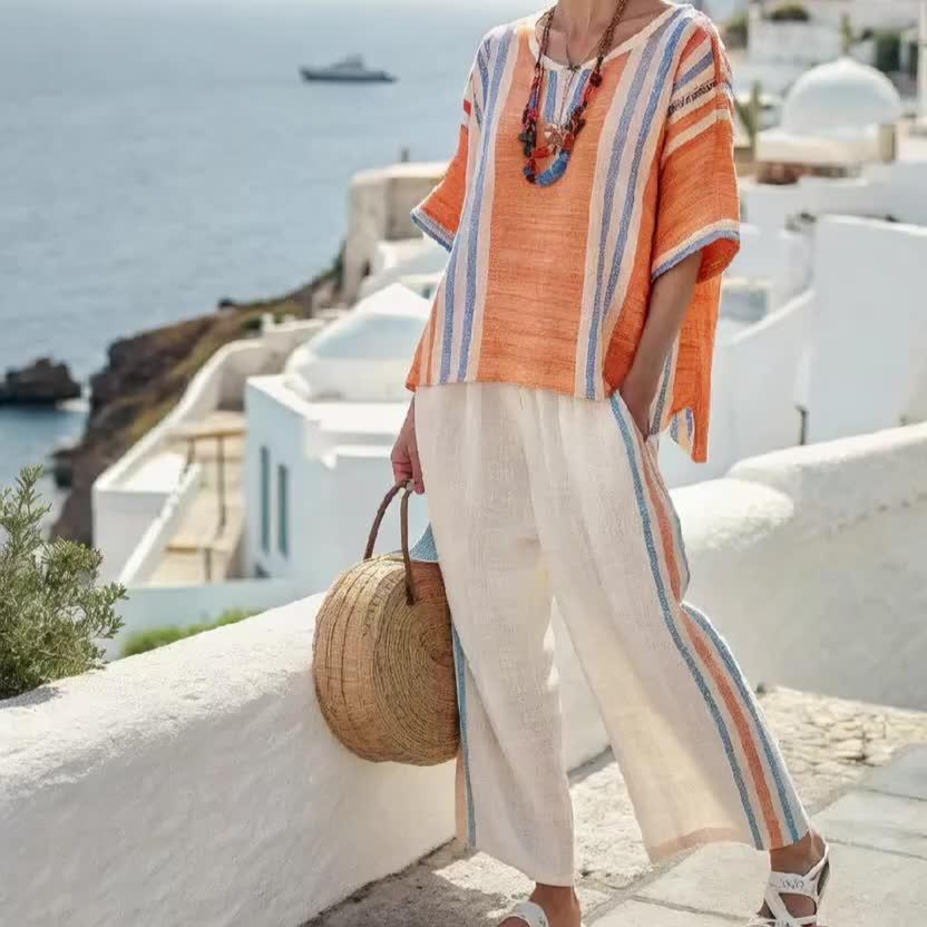 Lebhaftes Orange Round Neck Two Piece Set - Herbstsfrische & Komfort
