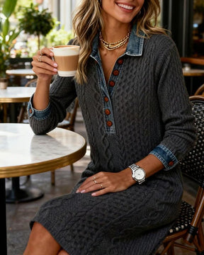 Winter Strick Minikleid Grau mit Denim Kragen – Warm & Chic