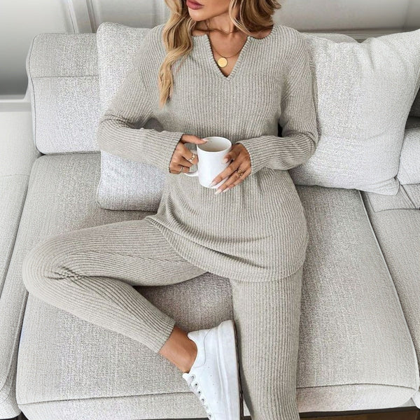 Grey Plain V-Neck Two Piece Set - Dein vielseitiges Herbsts-Must-Have