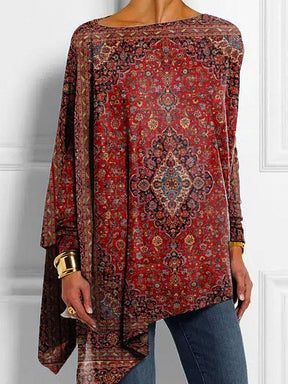 Boho Longsleeve in Rot mit Print – warmes Wintershirt