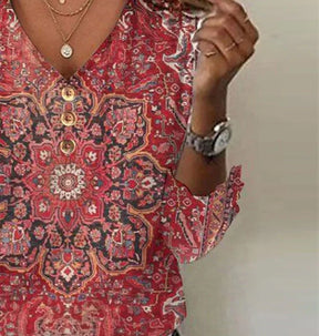 Rotes Winter V-Neck Top mit Mandala Print, 3/4 Ärmel
