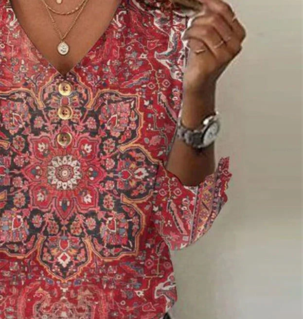 Rotes Winter V-Neck Top mit Mandala Print, 3/4 Ärmel