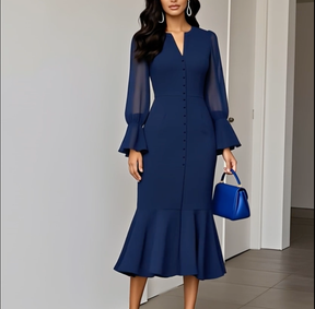 Blau V-Ausschnitt Midi-Kleid - Herbstsfrische Eleganz für jeden Anlass