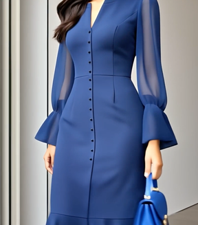 Blau V-Ausschnitt Midi-Kleid - Herbstsfrische Eleganz für jeden Anlass