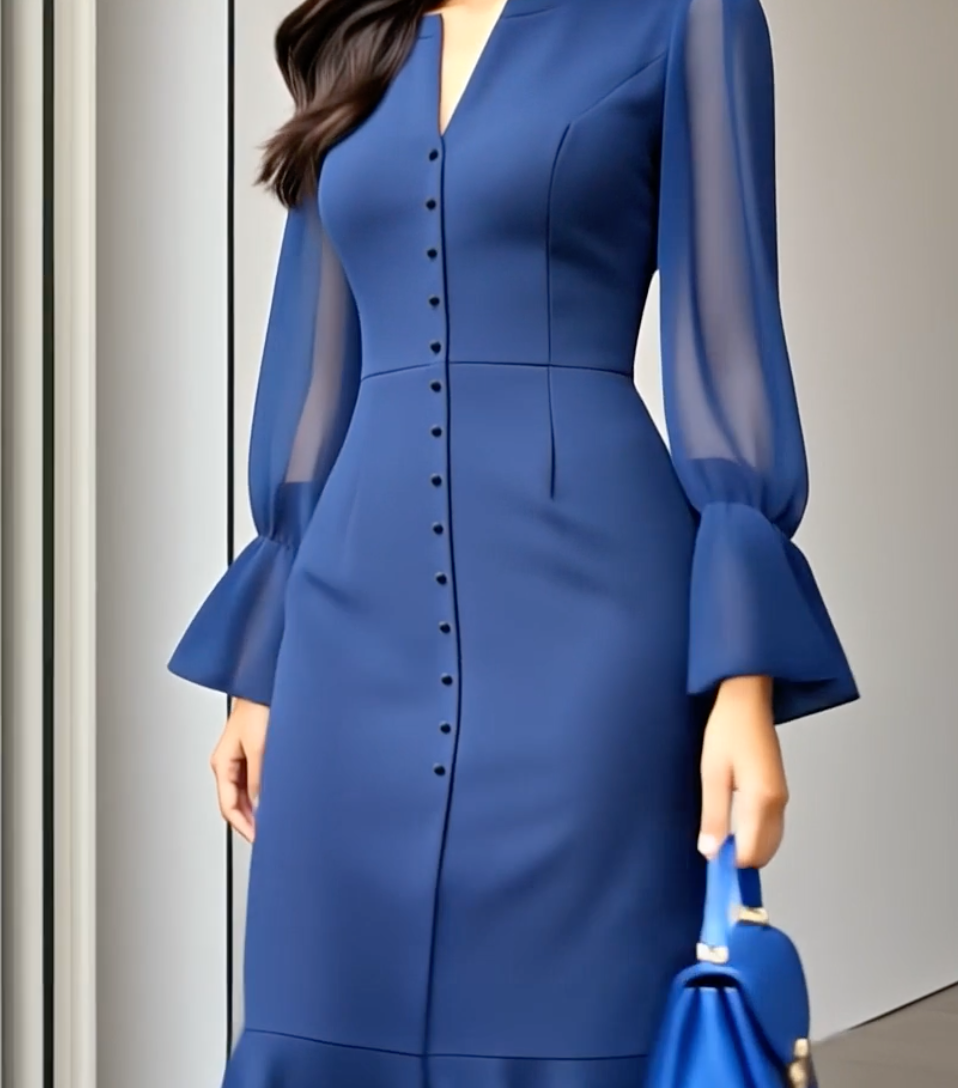 Blau V-Ausschnitt Midi-Kleid - Herbstsfrische Eleganz für jeden Anlass