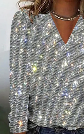 Winter Party Pailletten V-Neck Top Silber – Warm & Glamour