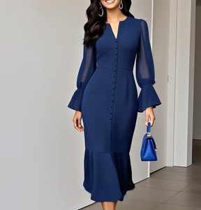 Blau V-Ausschnitt Midi-Kleid - Herbstsfrische Eleganz für jeden Anlass