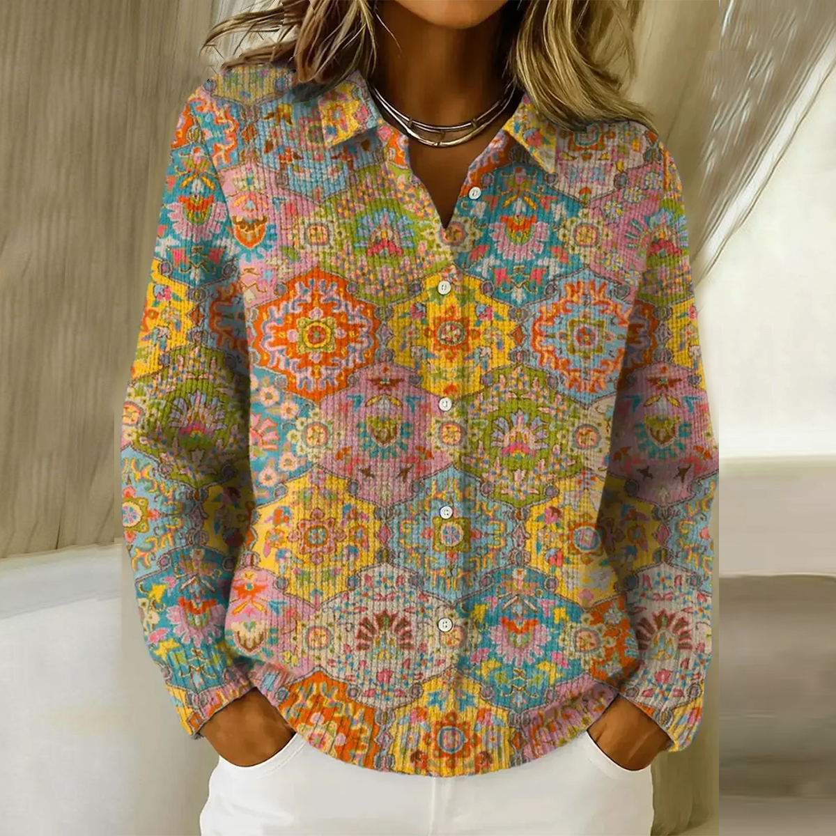 Farbenfrohes Mandala-Print Langarmhemd - Herbstliches Highlight für Ihre Garderobe
