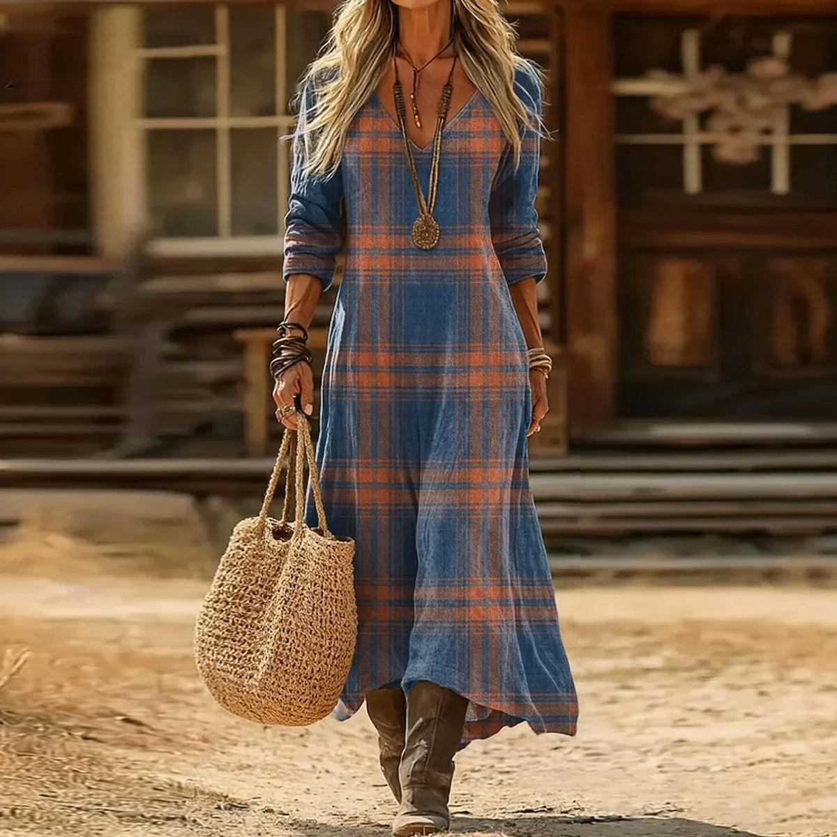 Winterlicher Chic: Blue Check V-Neck Midi Kleid - Elegant und Warm