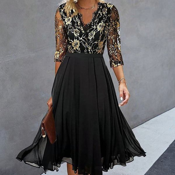 Herbsts-Ready Groovy V-Neck Midi Kleid mit 3/4 Ärmel - Elegant & Bequem