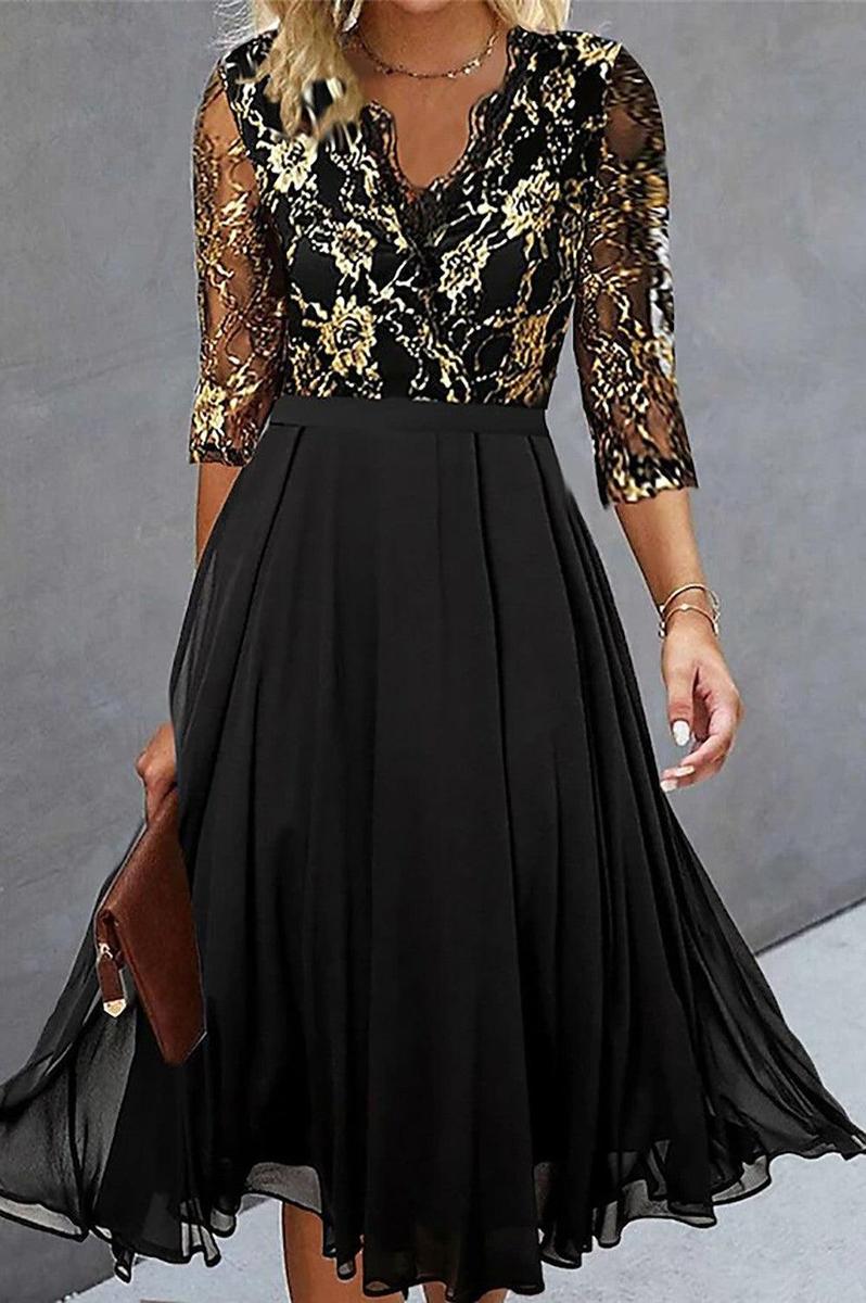 Herbsts-Ready Groovy V-Neck Midi Kleid mit 3/4 Ärmel - Elegant & Bequem