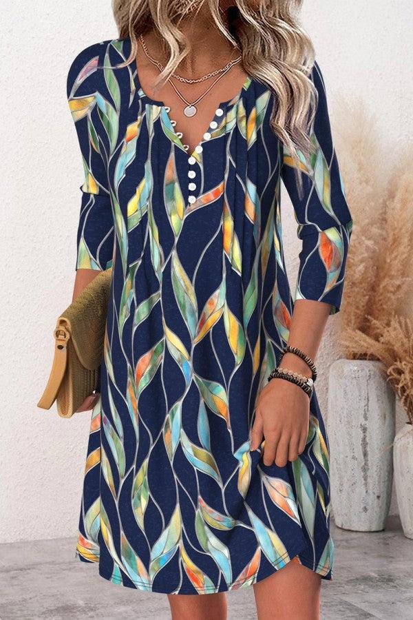 Trendy 3/4 Ärmel Blaues Minikleid - Herbstsmode mit Stil & Komfort