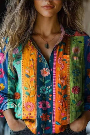 Boho Winterbluse mit warmem floralem Print und Kragen