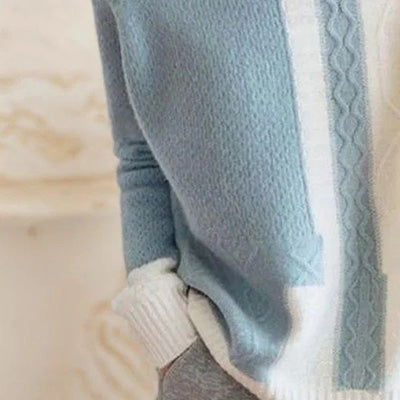 Herbst-Eleganz: Blue Round Neck Color Block Pullover - Warm & Stilvoll