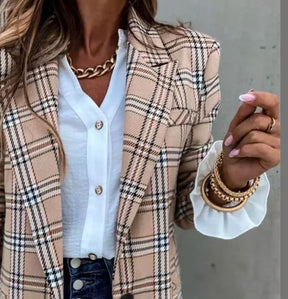 Khaki Karo Blazer Mantel – warmer Winter Long Jacket Damen
