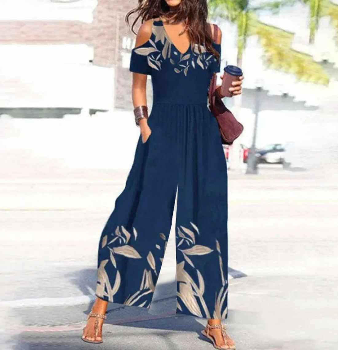 Herbstshafter Plant Print Jumpsuit - Kurzarm & V-Ausschnitt, Elastan-Rayon Mix