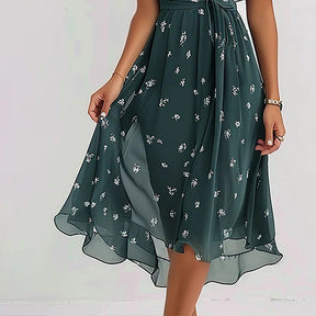 Herbsts-Charme: Groovy Kurzarm Midi-Kleid in Strahlendem Grün