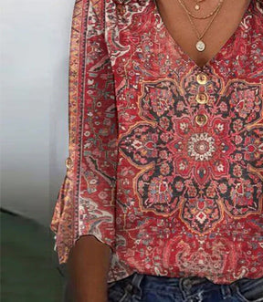 Rotes Winter V-Neck Top mit Mandala Print, 3/4 Ärmel
